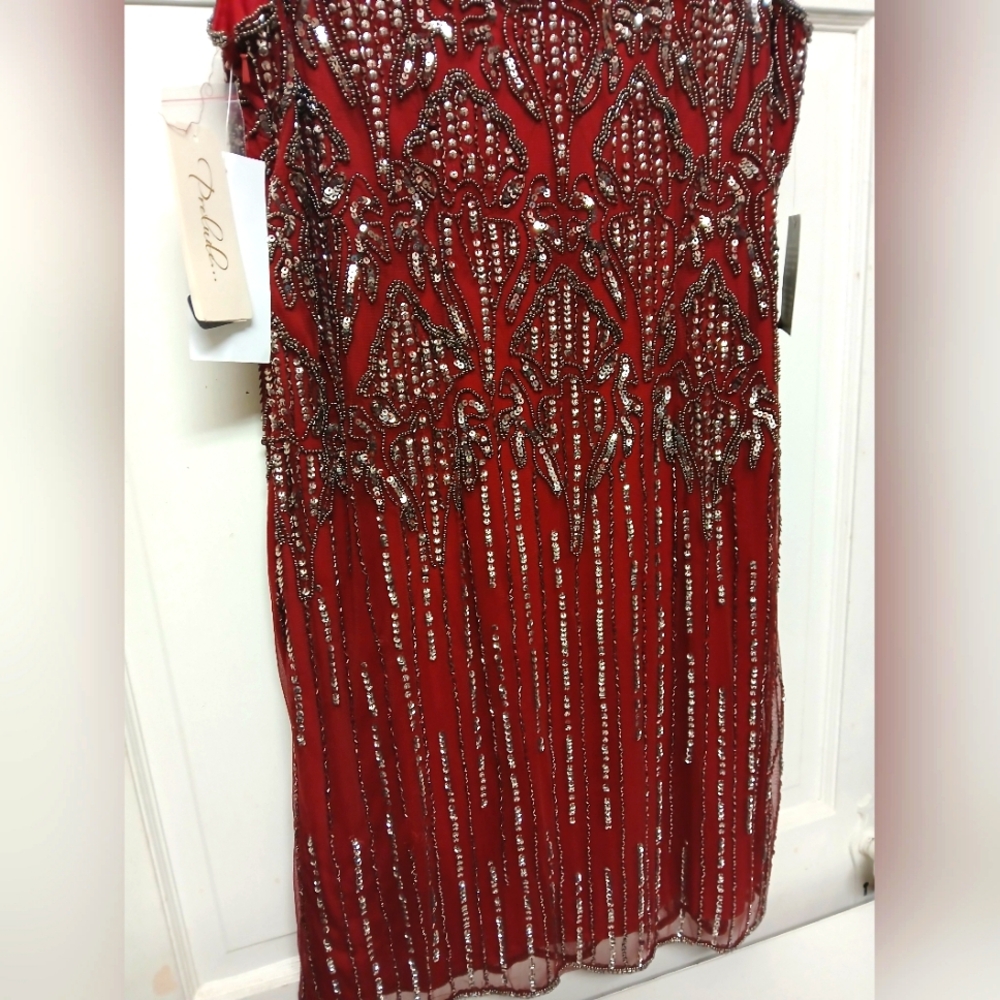 Prelude Elegant Cranberry Red Beaded Rayon Knee High Dress Size 16 New With Tags - Picture 6 of 11